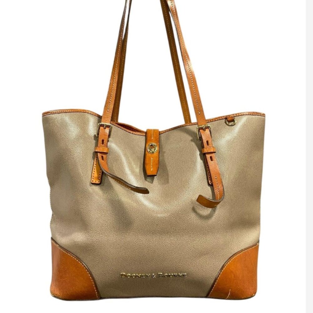 Dooney & Bourke All Weather Leather Taupe Turn Lock Tote Shoulder Bag Purse